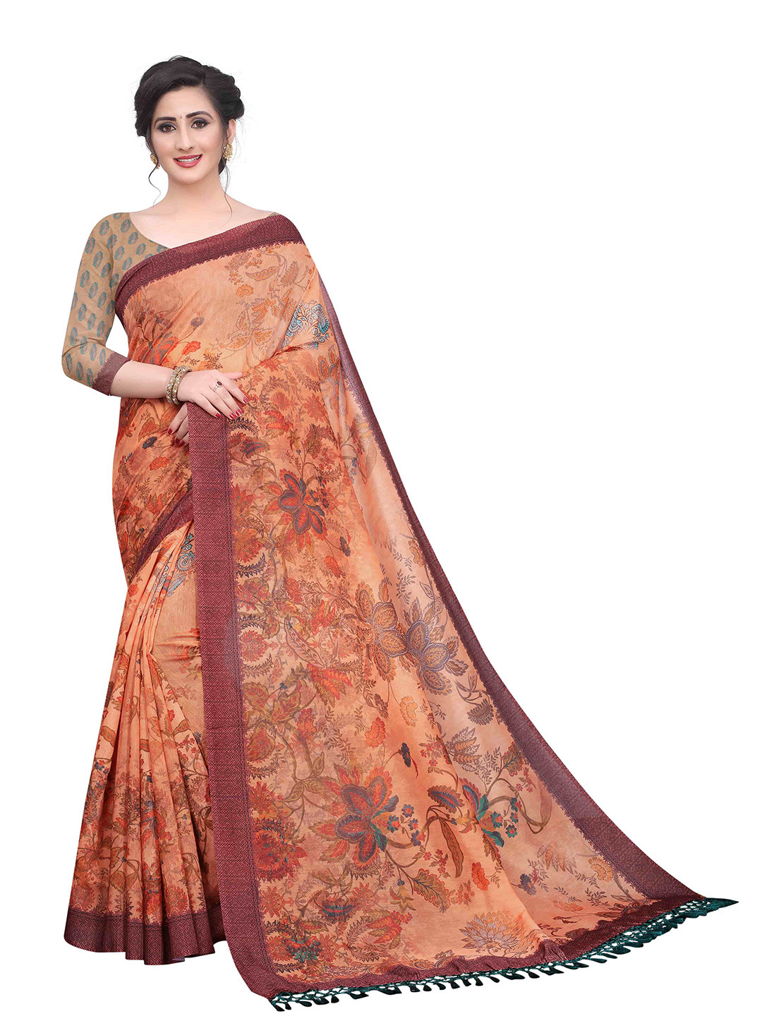 

Silk Land Orange Maroon Floral Saree With Tassels