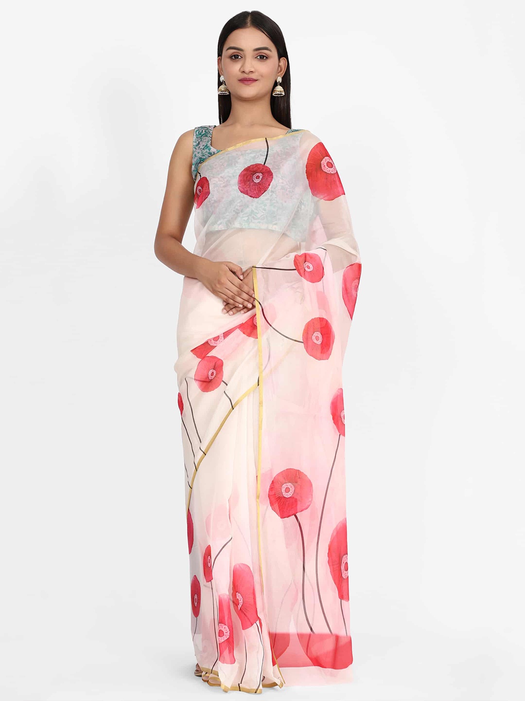 

Silk Land Red & White Floral Zari Organza Chanderi Saree