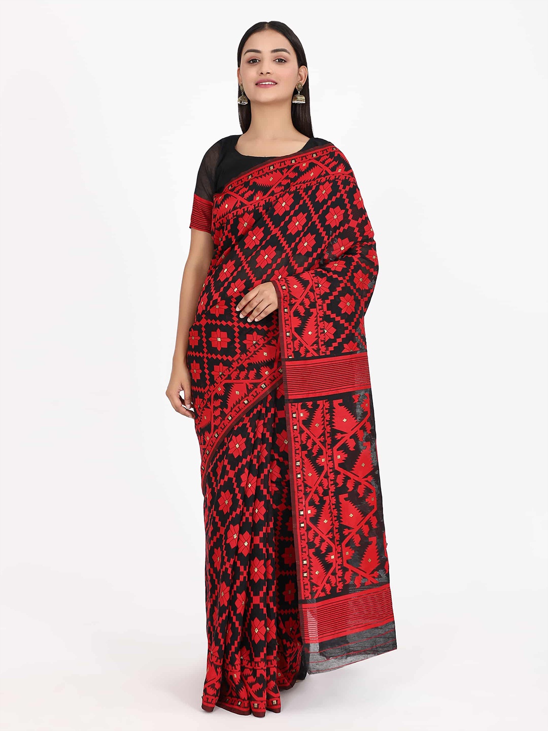 

Silk Land Red & Black Floral Jamdani Saree