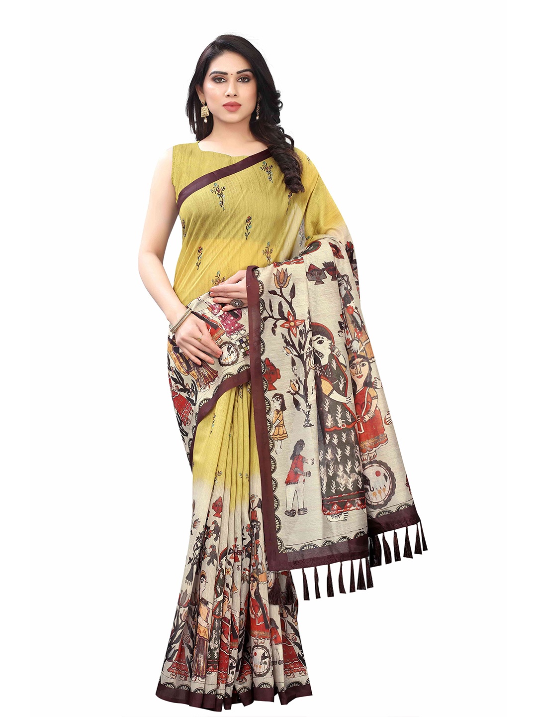 

Silk Land Green Brown Kalamkari Printed Saree With Tassels