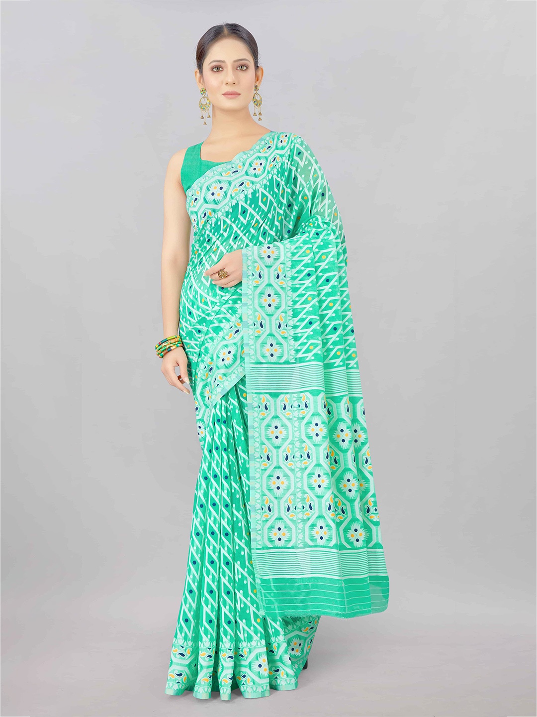 

Silk Land Green & Blue Woven Design Pure Cotton Jamdani Saree