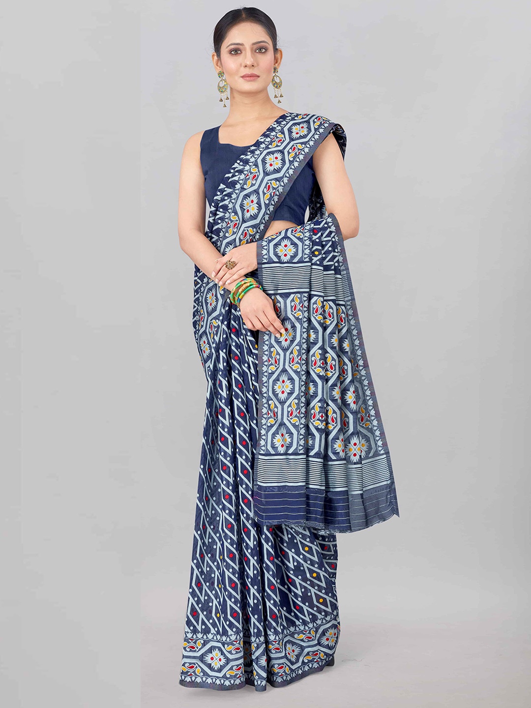 

Silk Land Navy Blue Ethnic Motifs Pure Cotton Jamdani Saree