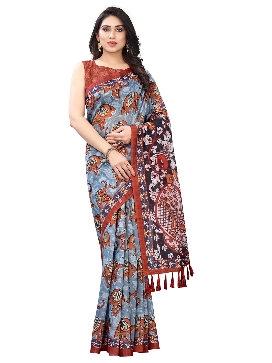 

Silk Land Blue Maroon Kalamkari Pure Cotton Saree With Tassels