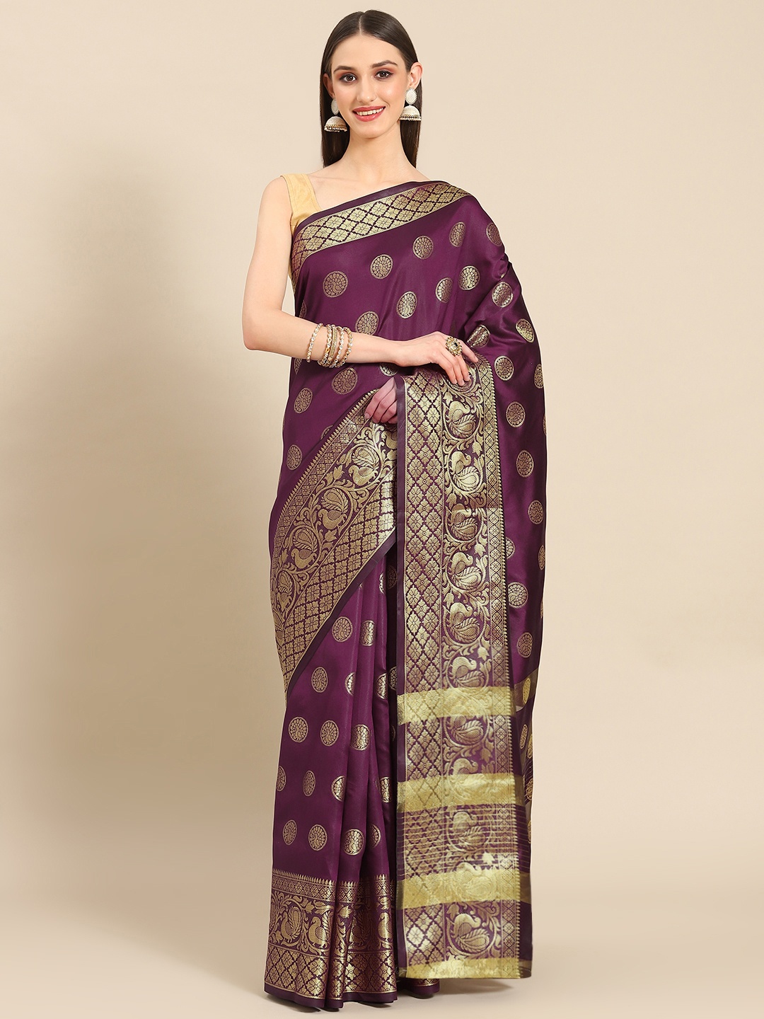 

Silk Land Magenta & Gold-Toned Woven Design Zari Fusion Banarasi Saree