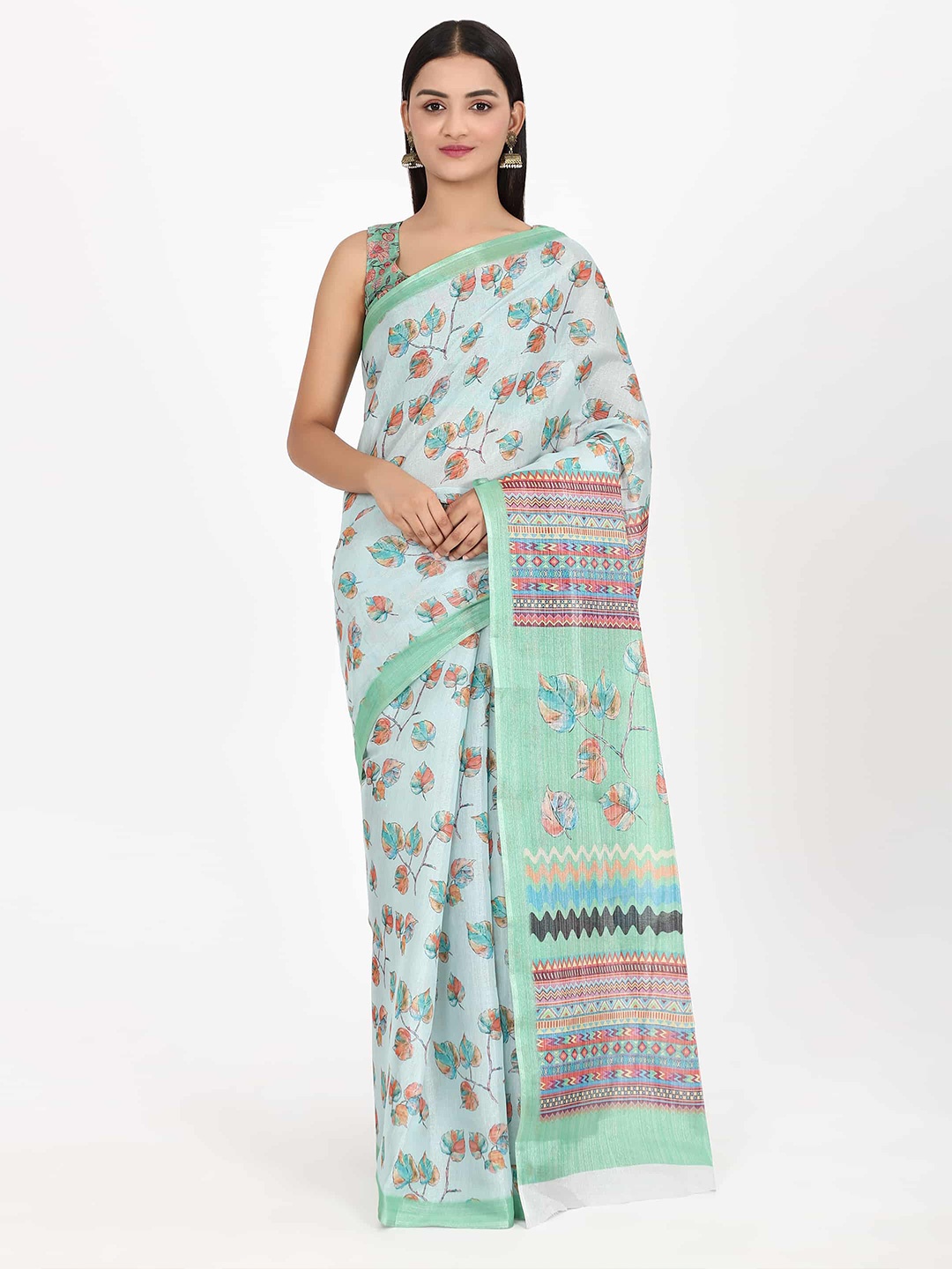 

Silk Land Pink & Green Floral Zari Saree