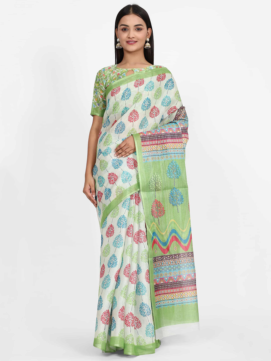 

Silk Land Green & White Floral Printed Saree