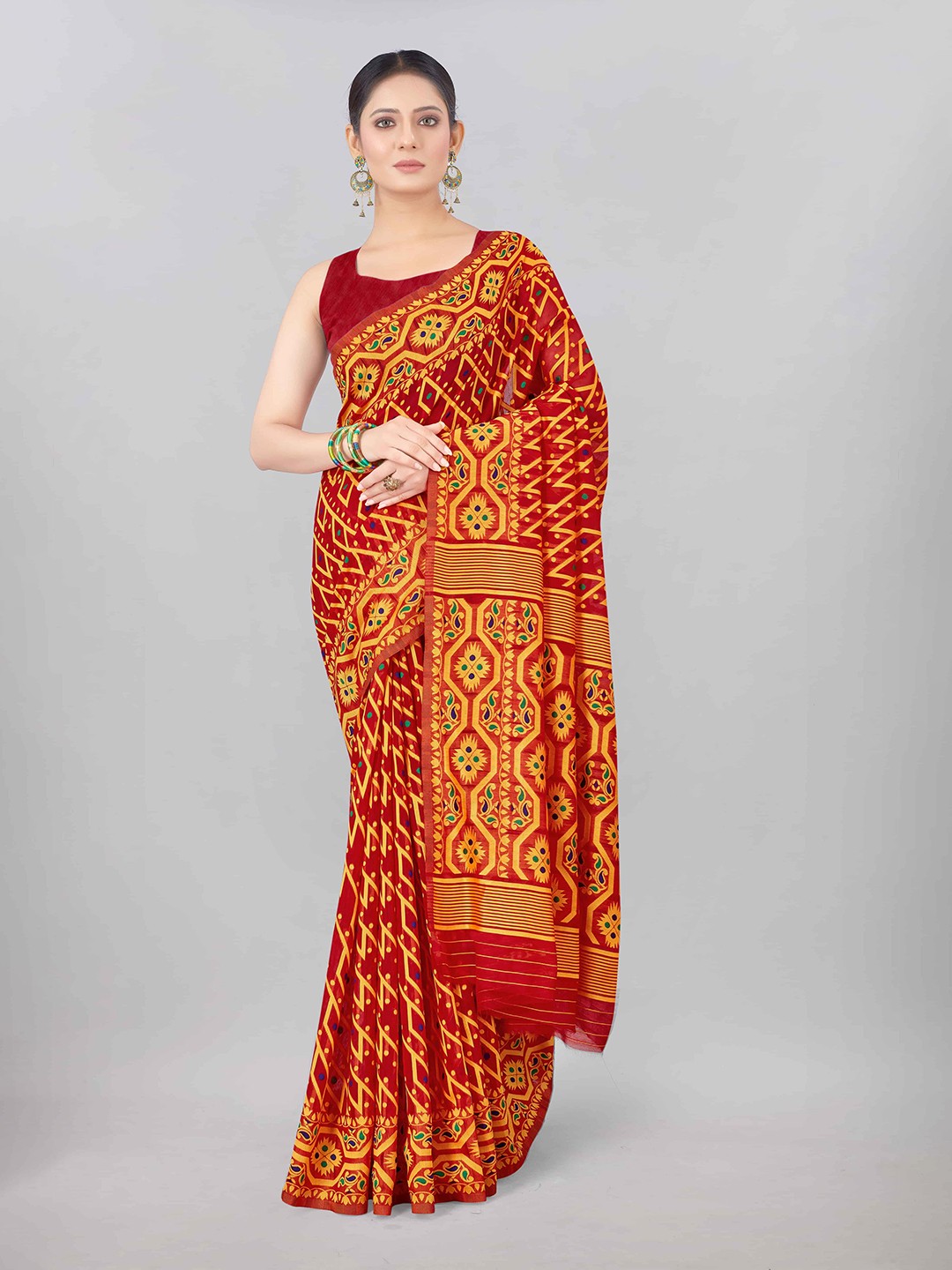 

Silk Land Red & Green Ethnic Motifs Jamdani Pure Cotton Saree