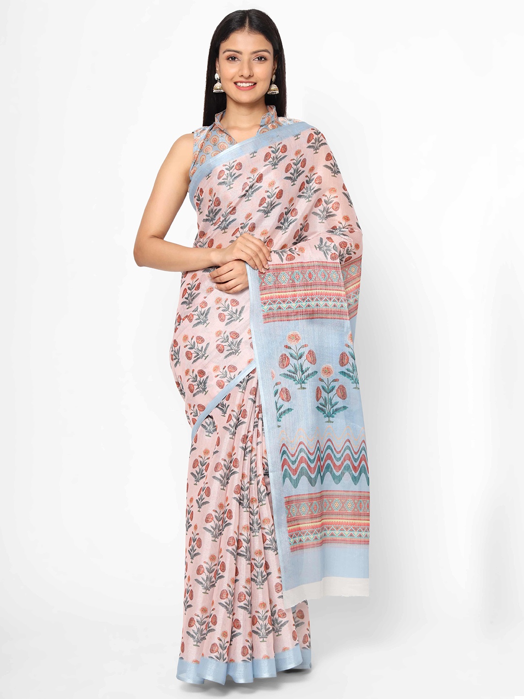 

Silk Land Pink & Blue Floral Zari Saree