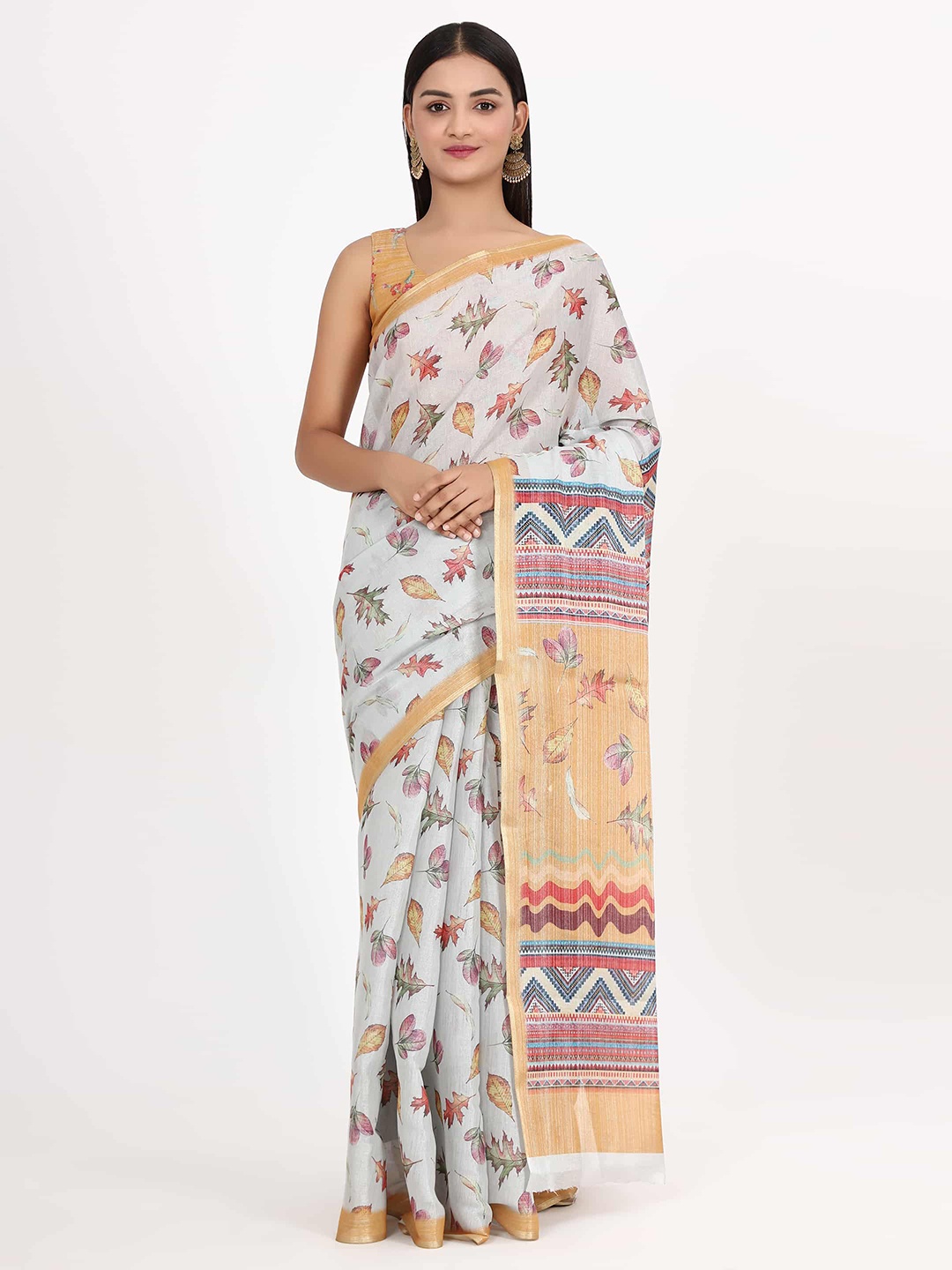 

Silk Land White & Cream-Coloured Floral Zari Saree