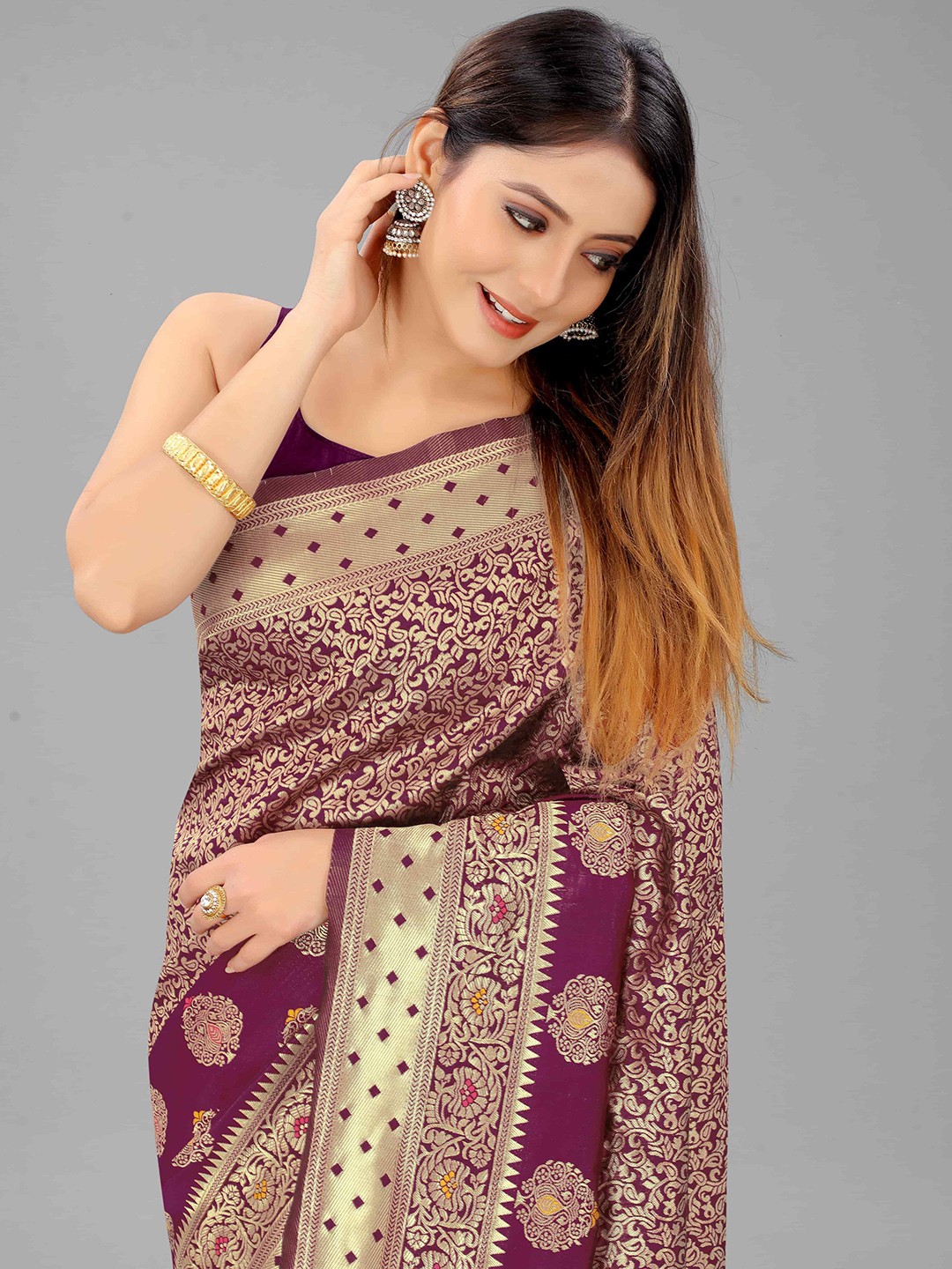 

Silk Land Magenta & Gold-Toned Woven Design Zari Fusion Banarasi Saree