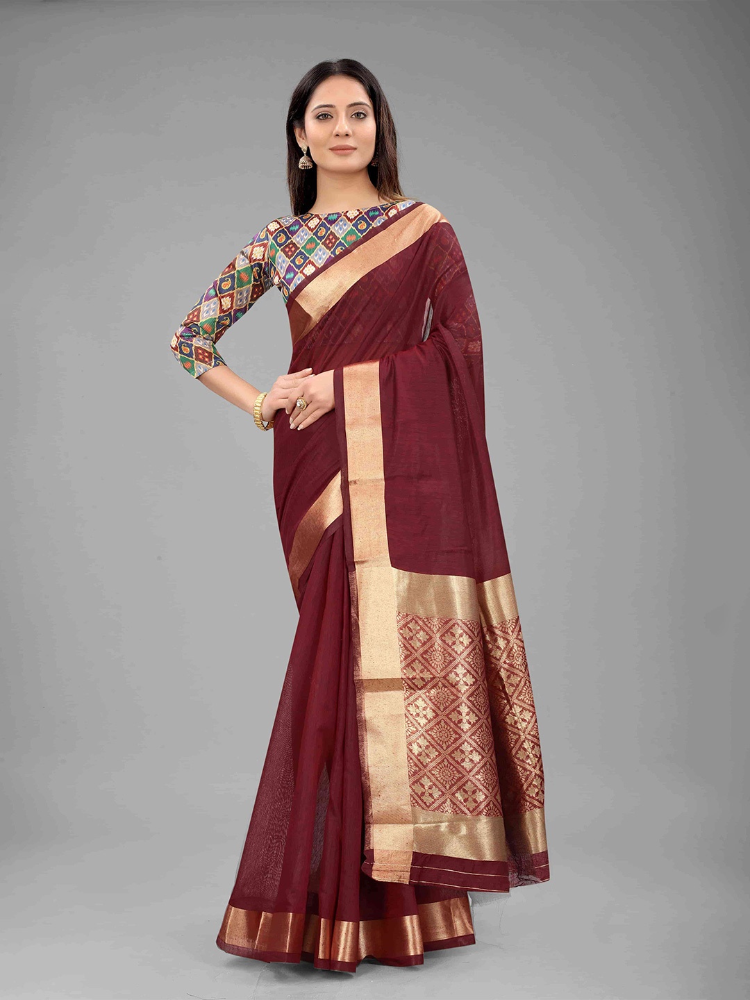 

Silk Land Red & Gold-Toned Zari Saree