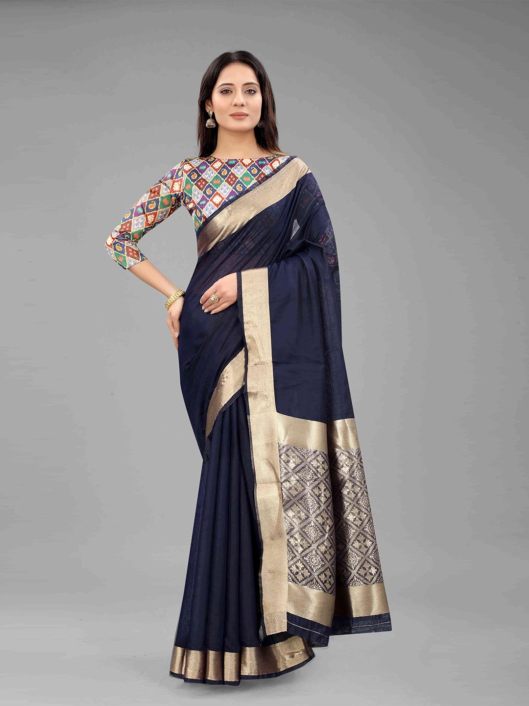 

Silk Land Navy Blue & Gold-Toned Woven Design Saree