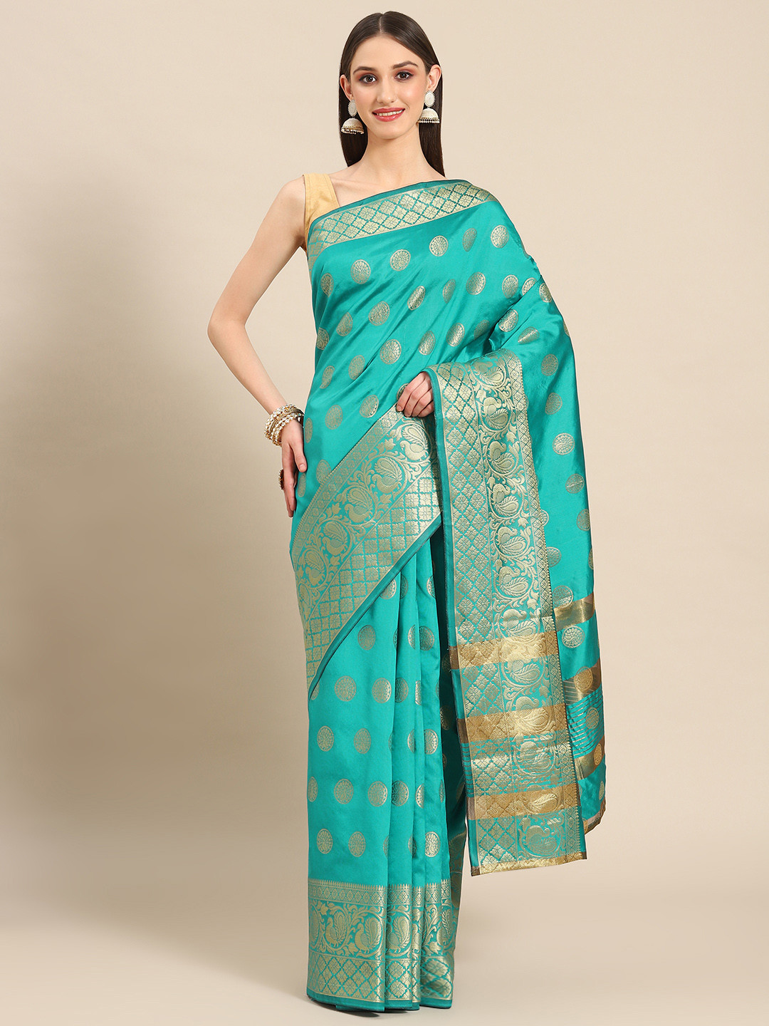 

Silk Land Teal Blue & Gold-Toned Ethnic Motifs Zari Banarasi Saree