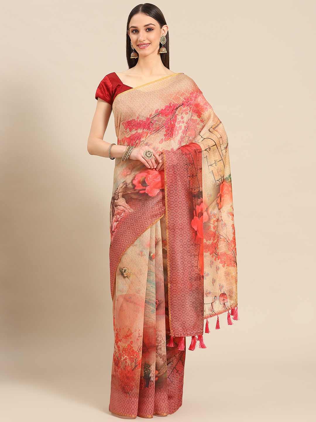 

Silk Land Peach-Coloured Pink Floral Saree With Tassels