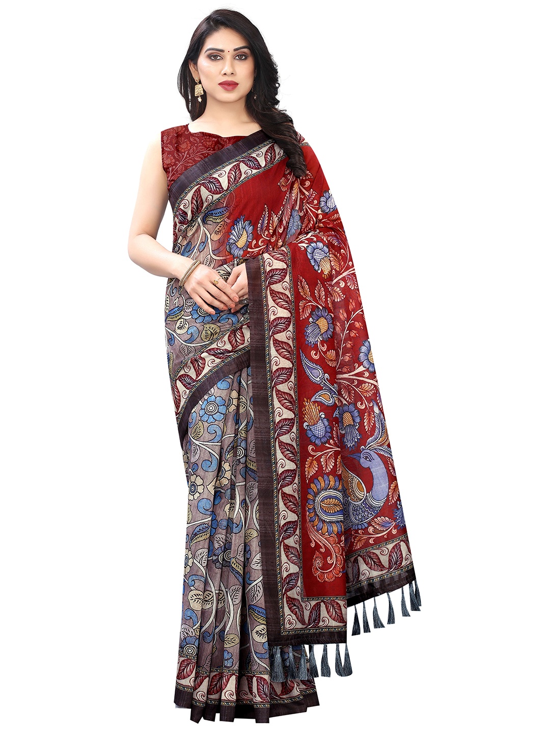 

Silk Land Blue Grey Kalamkari Saree With Tassels