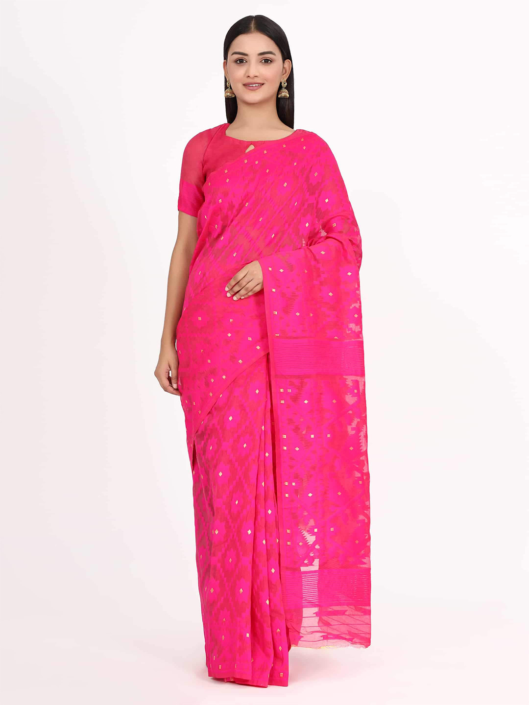 

Silk Land Pink & Gold-Toned Floral Jamdani Saree