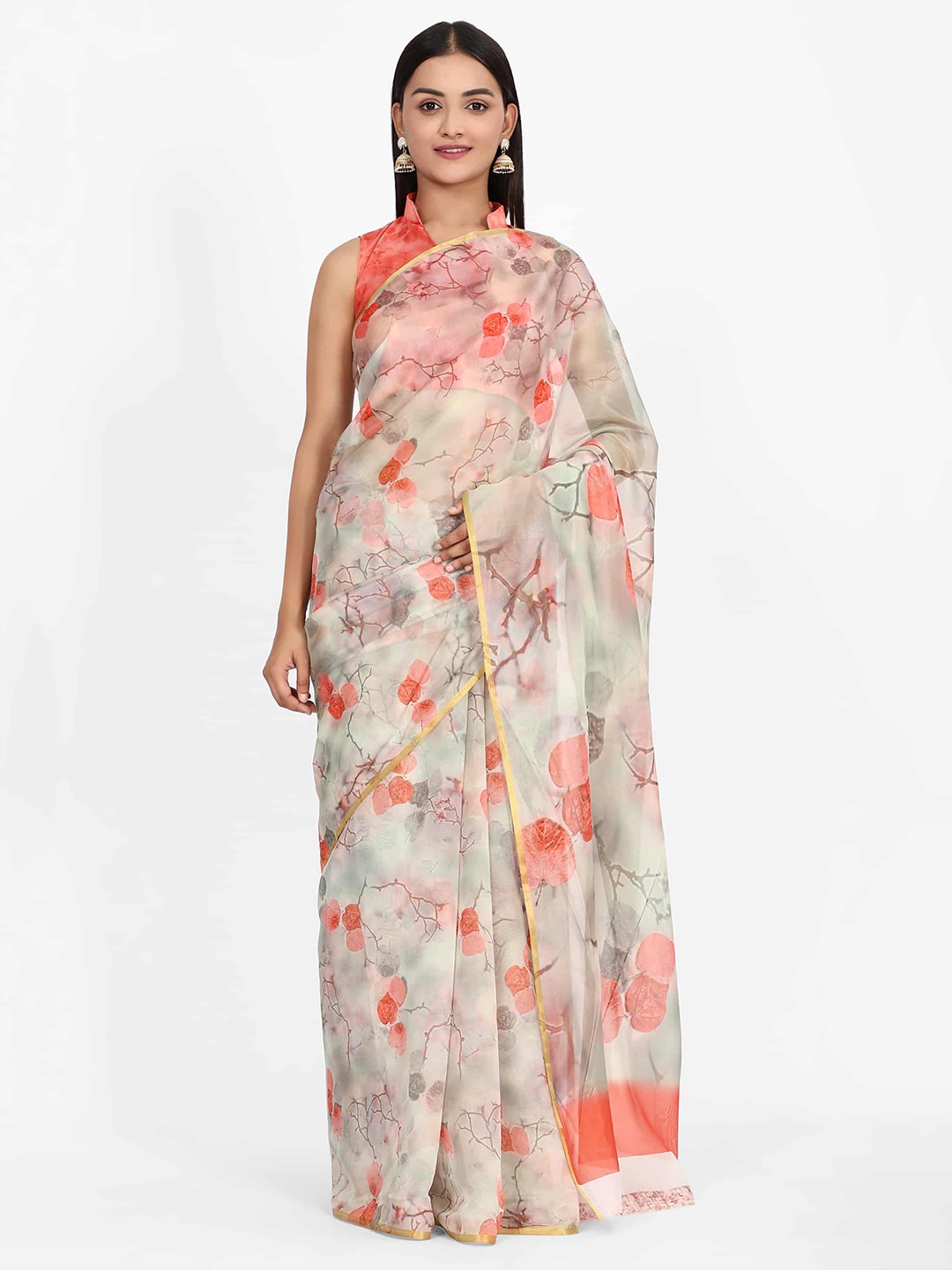 

Silk Land Grey & Red Floral Zari Organza Chanderi Saree