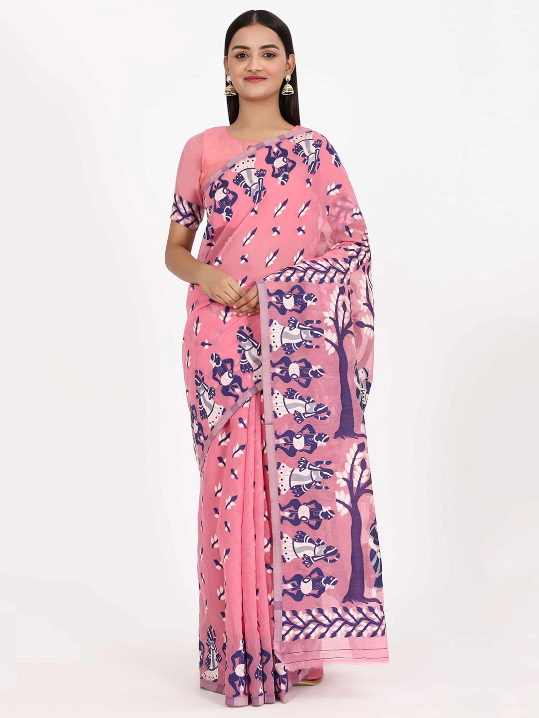 

Silk Land Pink & Blue Ethnic Motifs Jamdani Saree