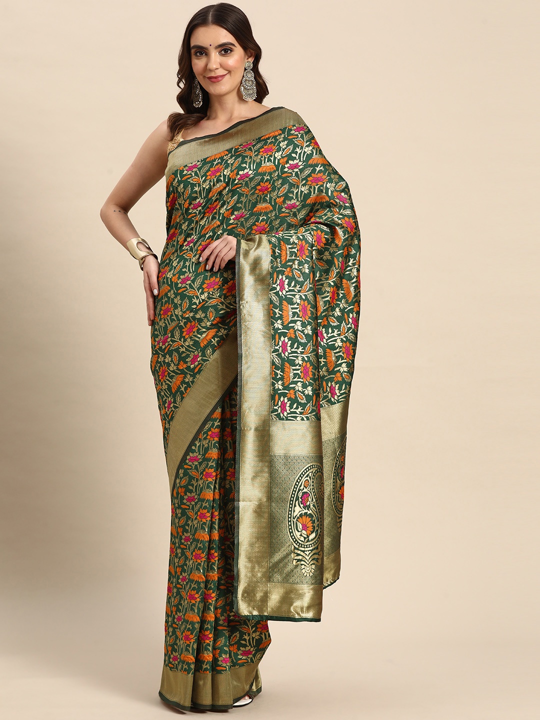 

Silk Land Green & Red Woven Design Zari Banarasi Saree