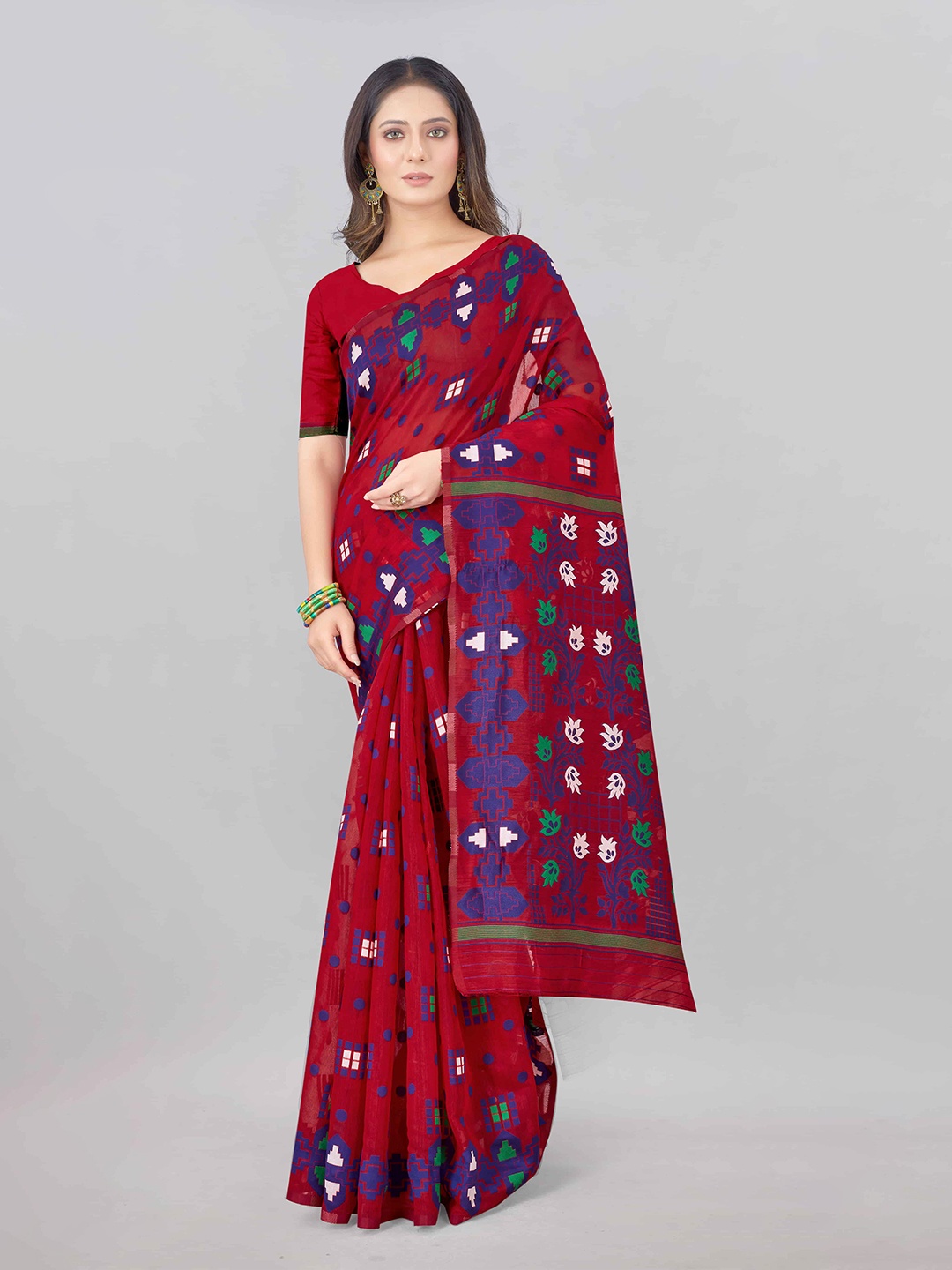 

Silk Land Red & Blue Woven Design Pure Cotton Jamdani Saree