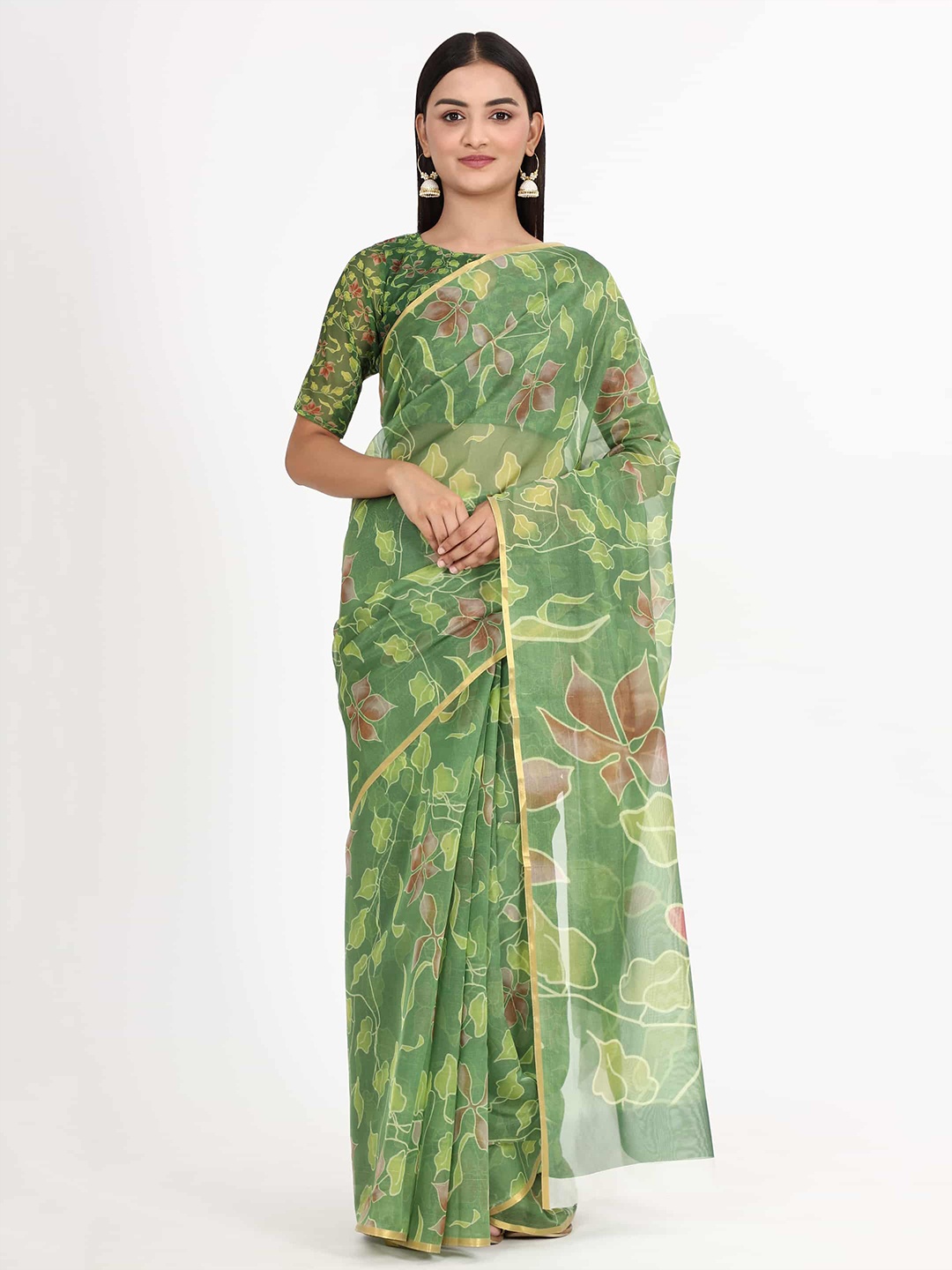 

Silk Land Green & Red Floral Organza Chanderi Saree