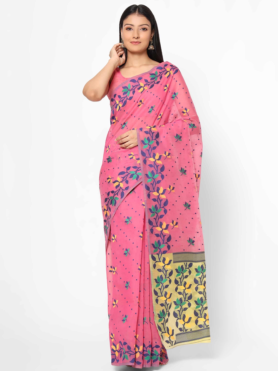 

Silk Land Pink & Blue Floral Pure Cotton Jamdani Saree