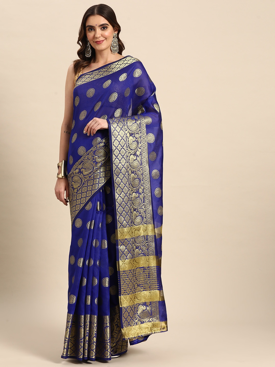 

Silk Land Blue & Gold-Toned Woven Design Banarasi Saree