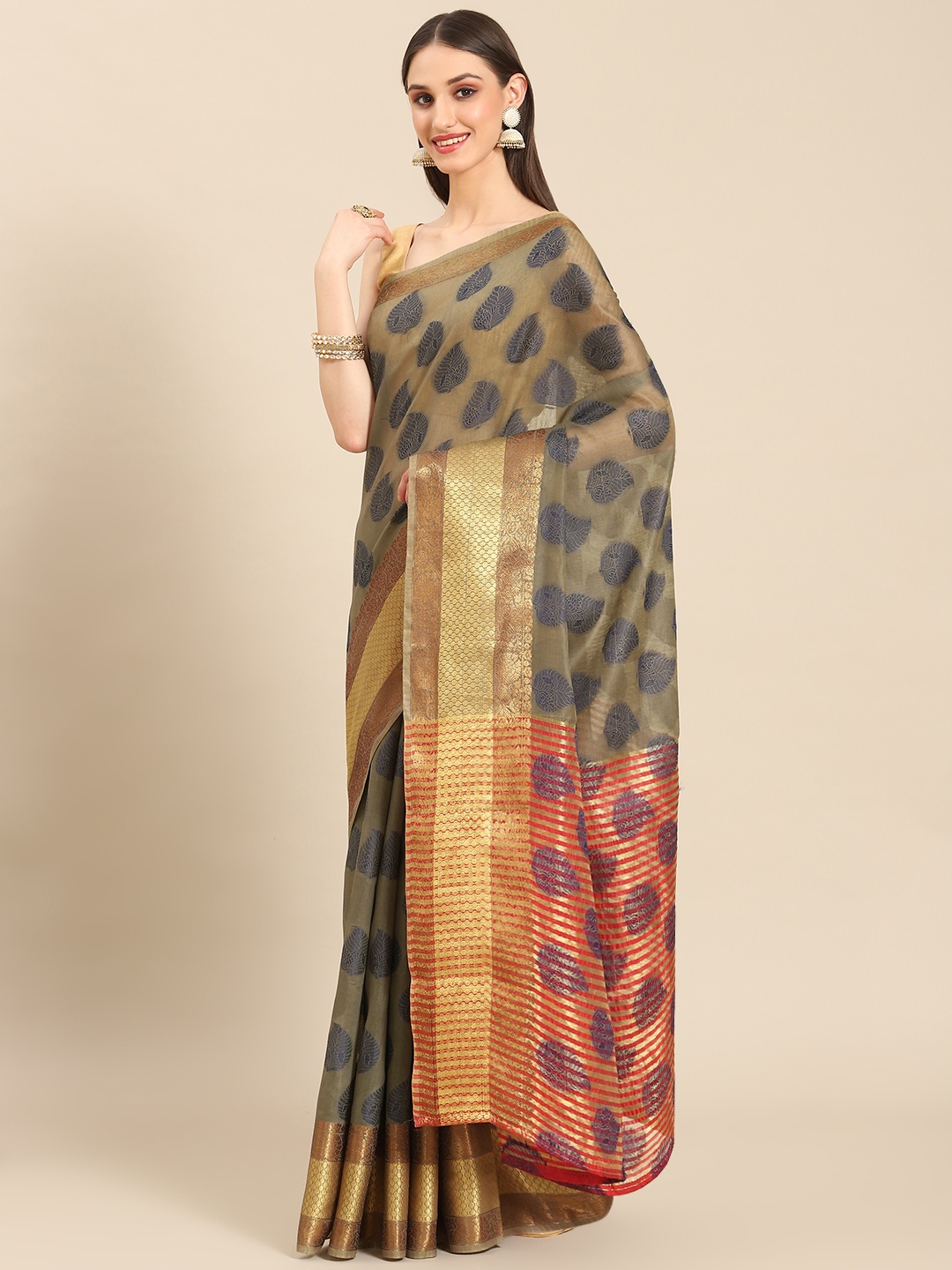 

Silk Land Grey & Blue Ethnic Motifs Zari Pure Cotton Chanderi Saree