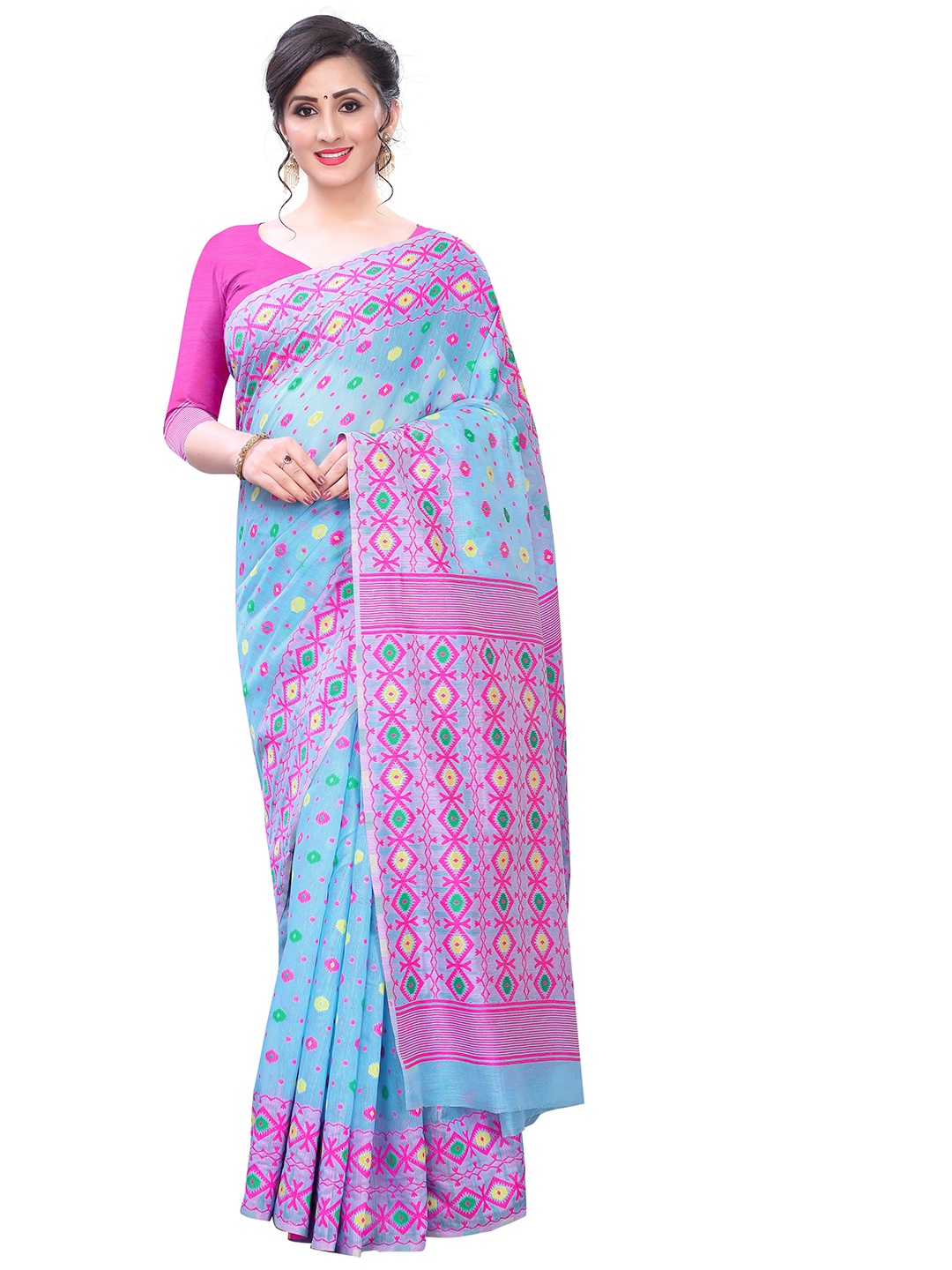 

Silk Land Turquoise Blue & Pink Ethnic Motifs Pure Cotton Jamdani Saree