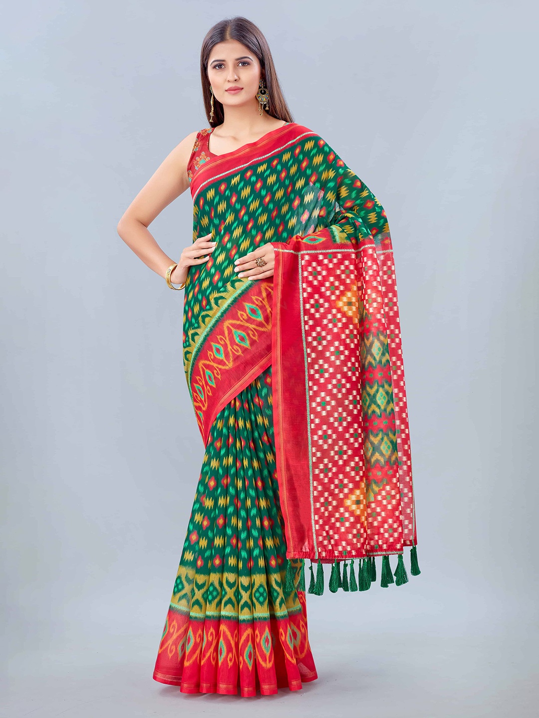 

Silk Land Red & Green Ethnic Motifs Pure Cotton Ikat Saree
