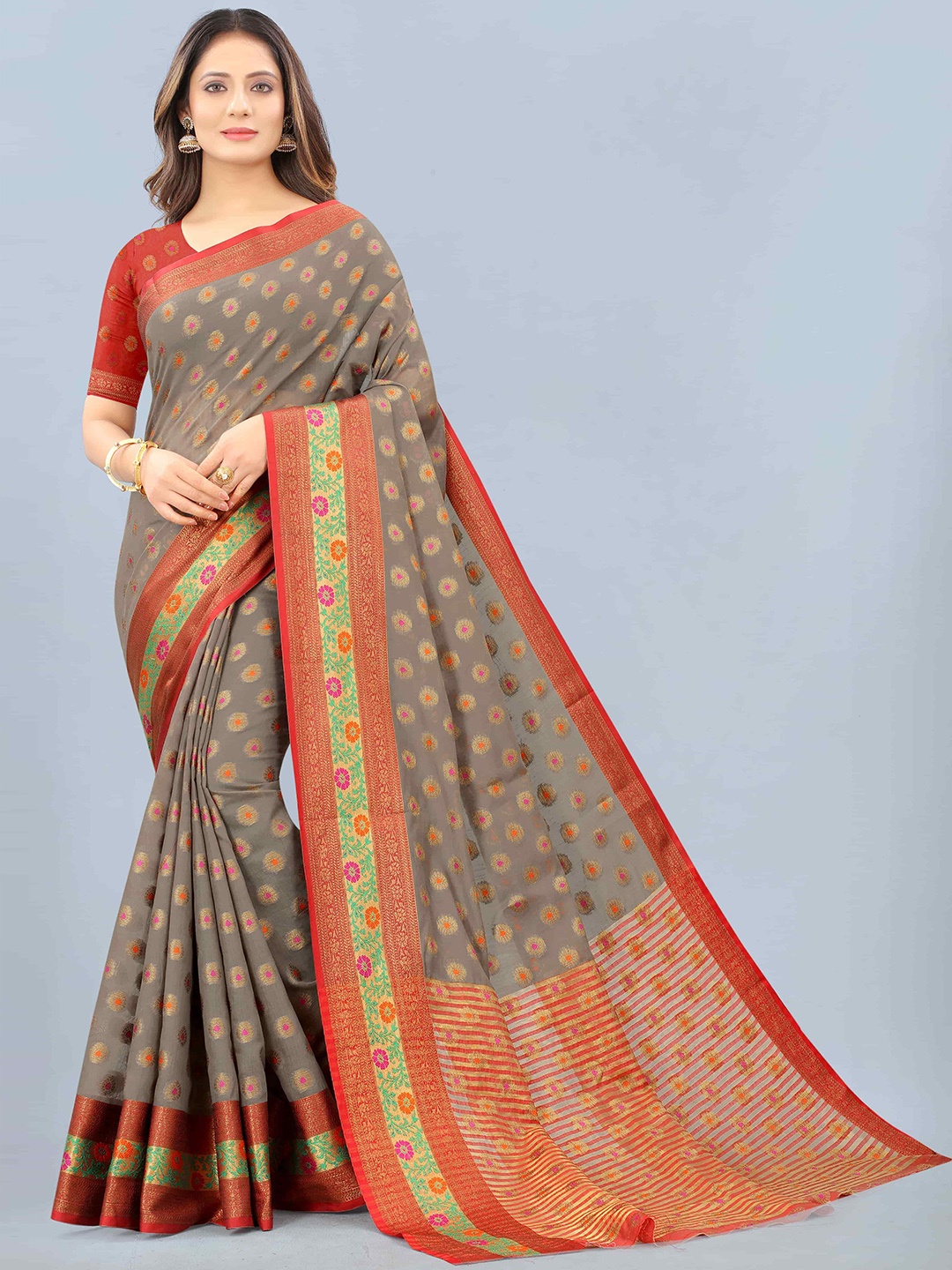 

Silk Land Grey & Gold-Toned Woven Design Chanderi Saree