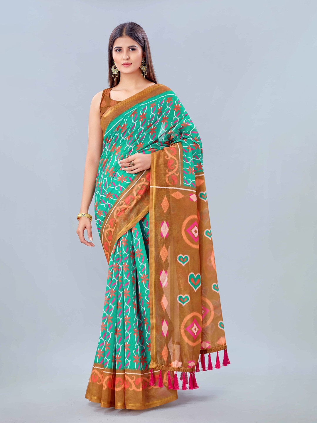 

Silk Land Green & Brown Kalamkari Ikat Saree
