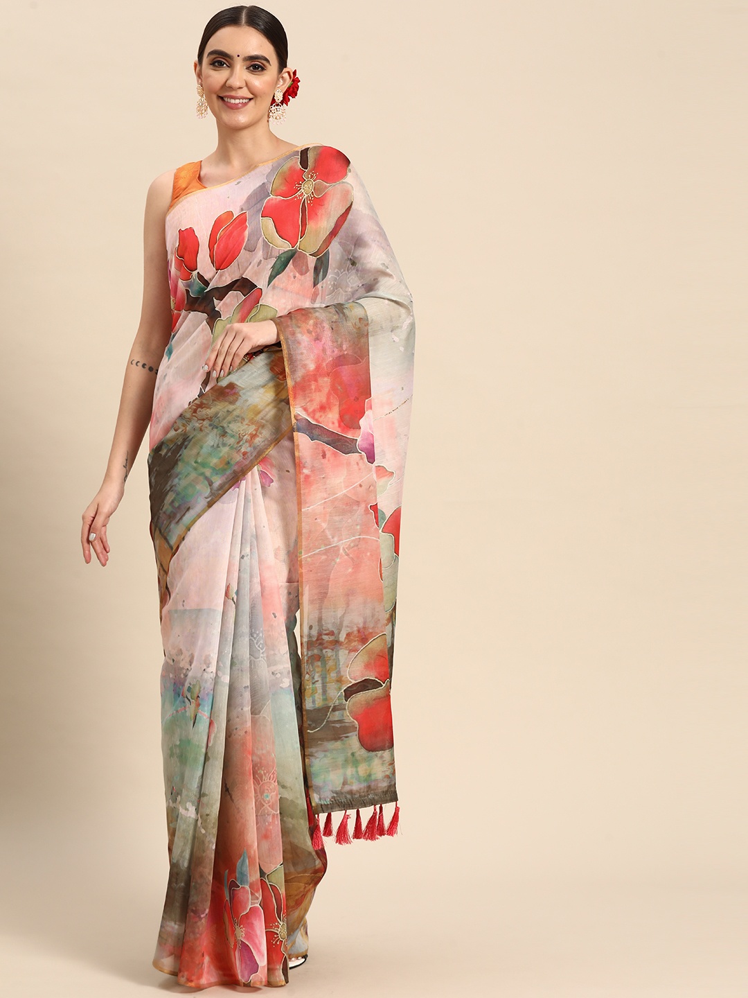 

Silk Land Off White Red Floral Printed Saree With Tassels