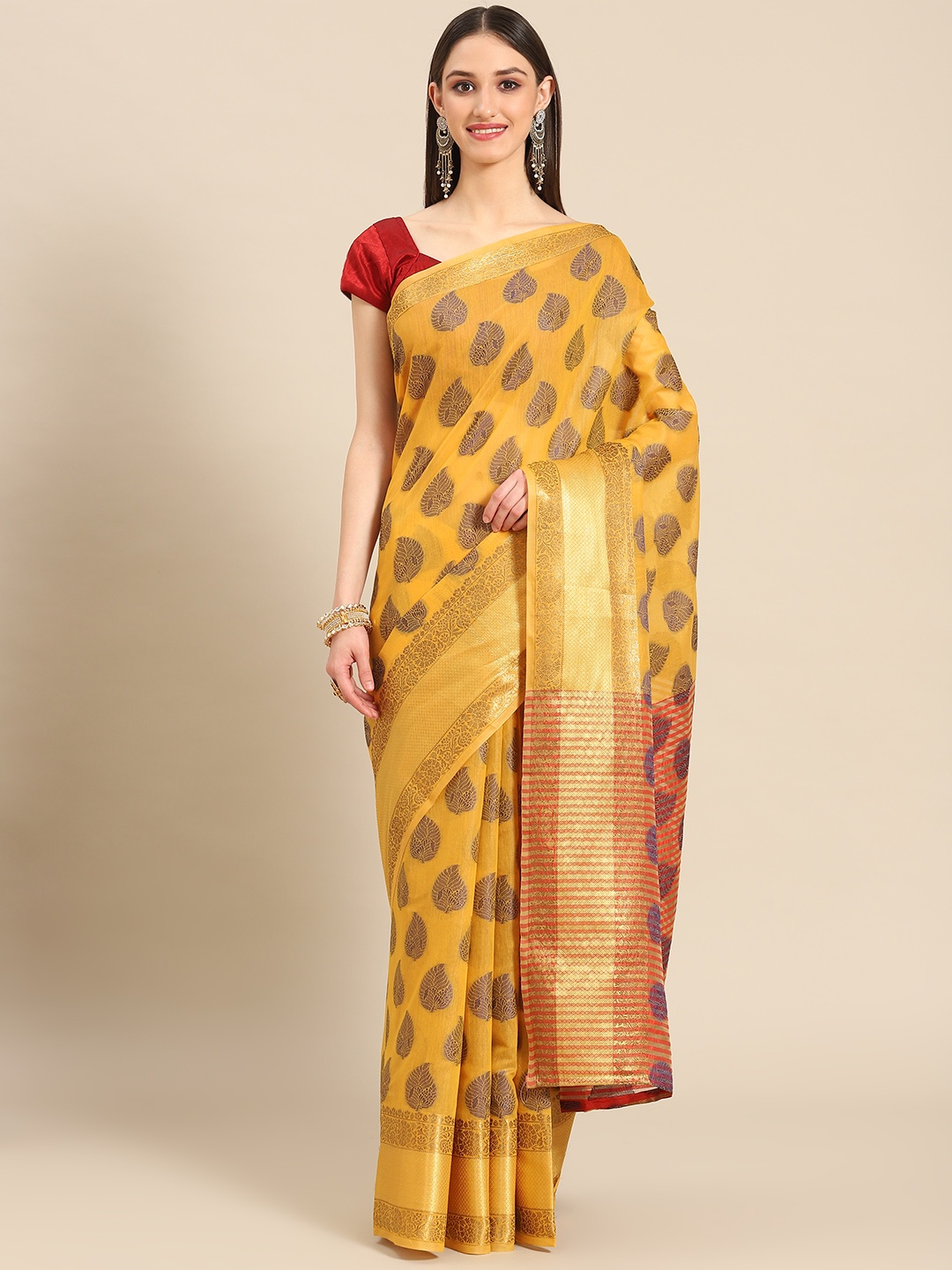 

Silk Land Mustard & Blue Ethnic Motifs Pure Cotton Fusion Saree