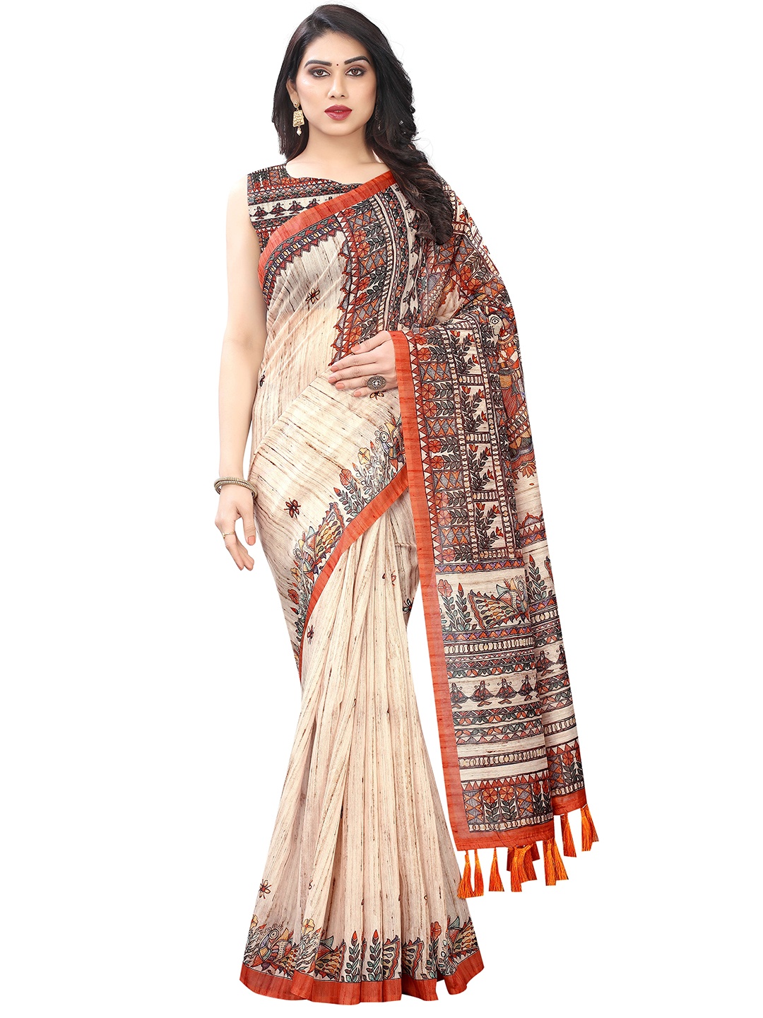 

Silk Land Ethnic Motifs Digital Print Saree With Tassels, Off white