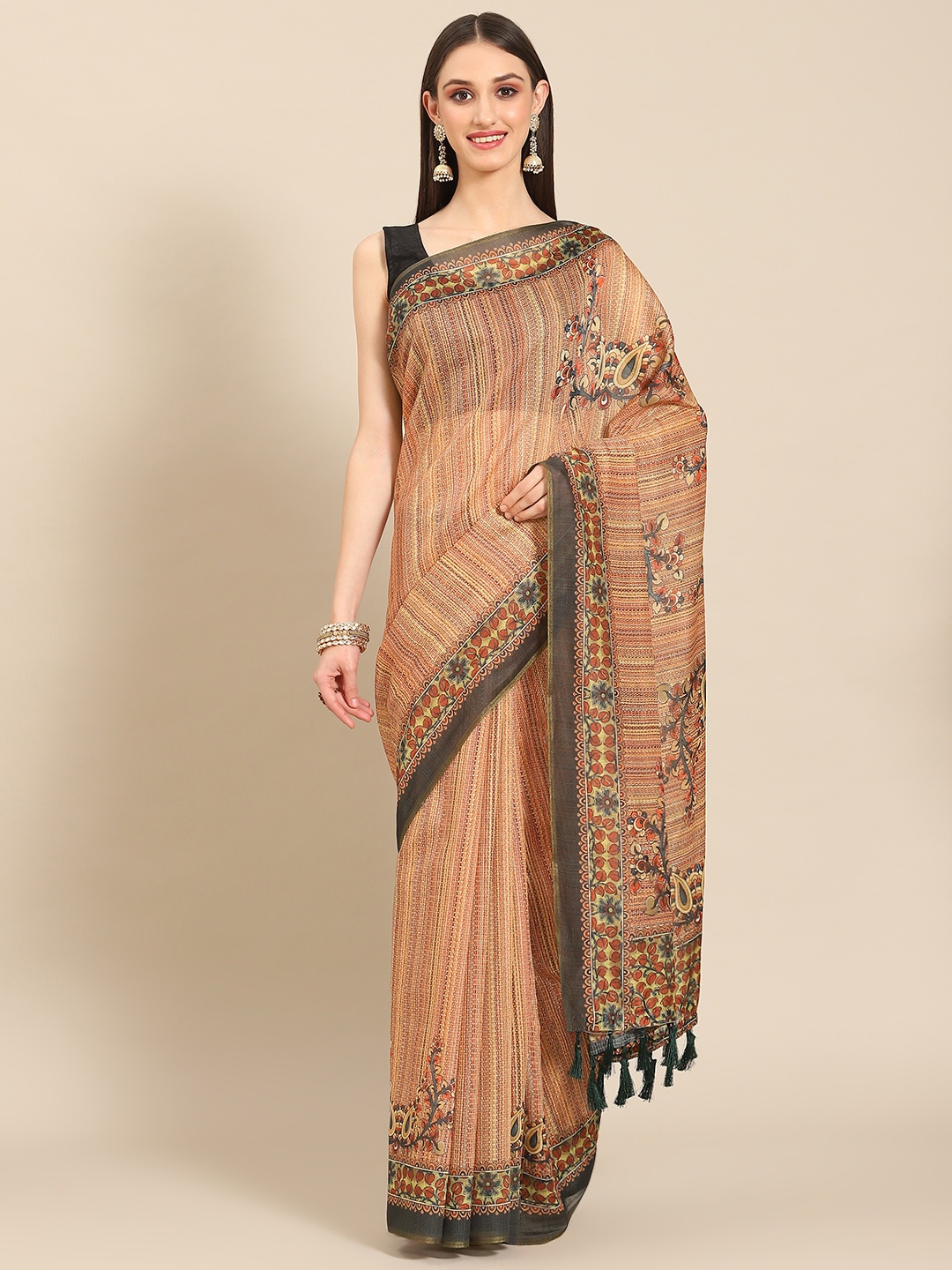 

Silk Land Green Brown Kalamkari Printed Cotton Saree With Tassels