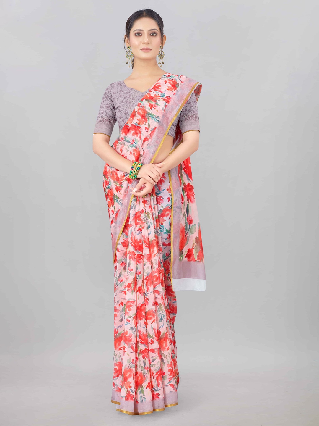 

Silk Land Red & White Floral Zari Organza Chanderi Saree
