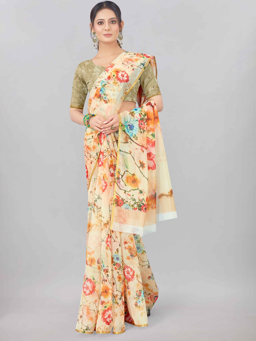 

Silk Land Mustard Yellow & Pink Floral Organza Saree