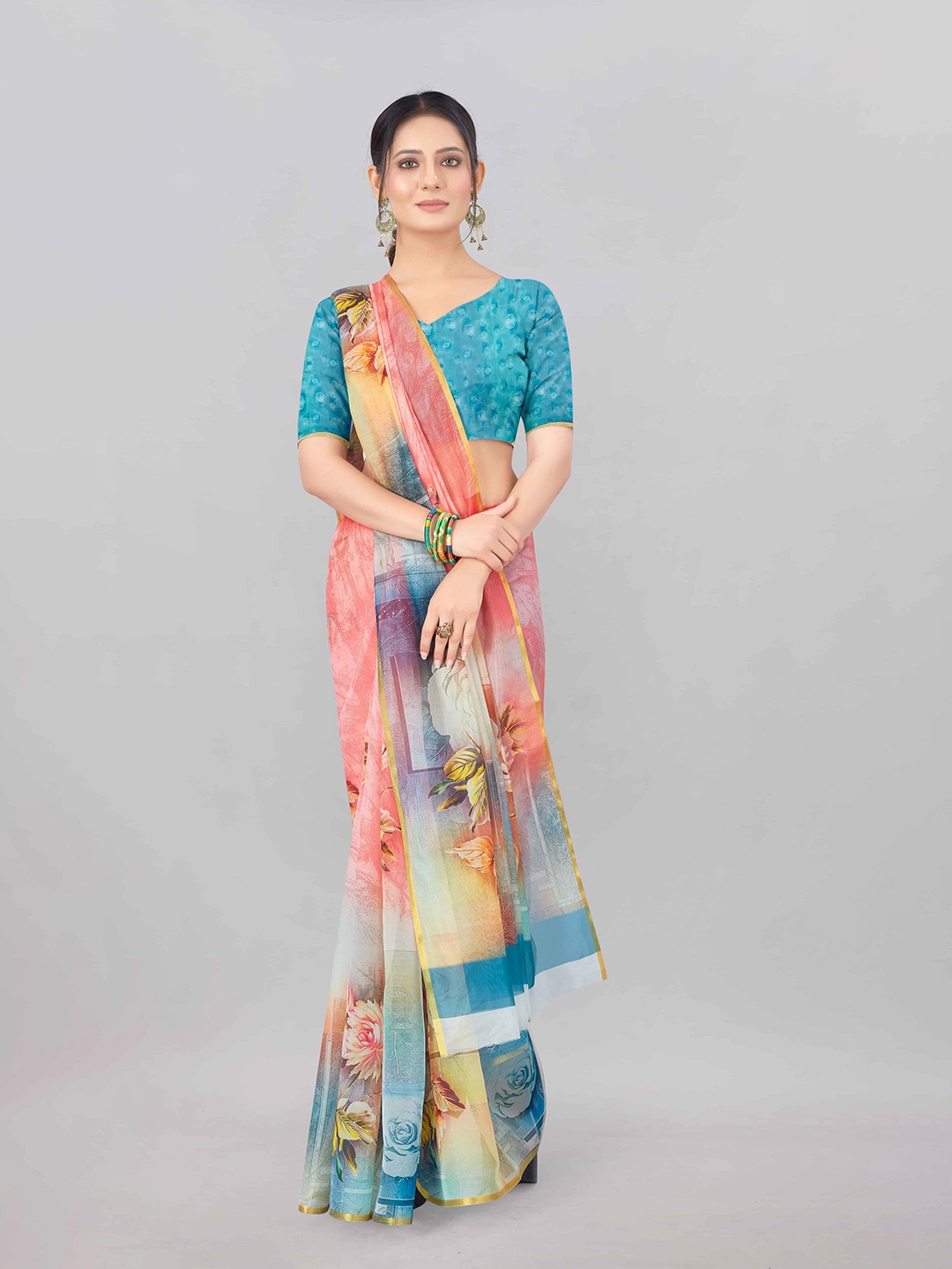 

Silk Land Multicoloured Floral Organza Saree, Multi
