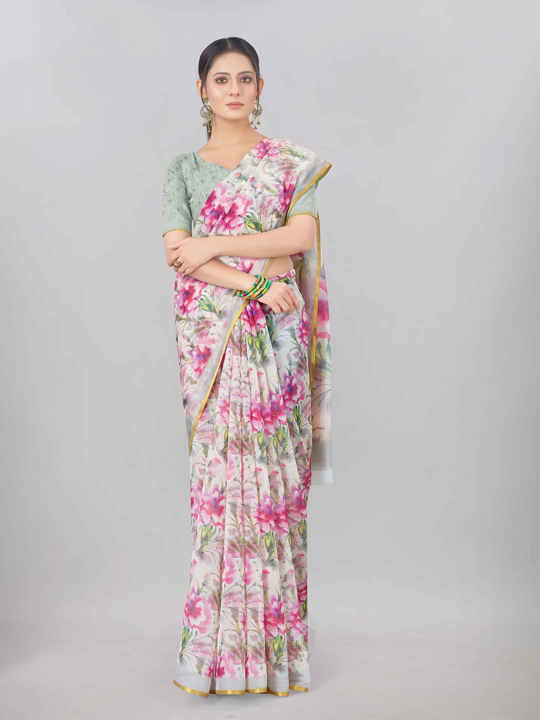 

Silk Land Pink & Off White Floral Zari Organza Chanderi Saree