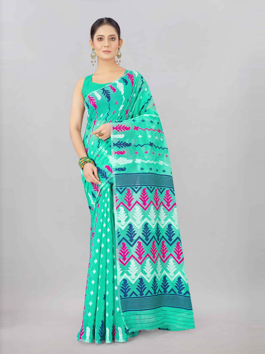 

Silk Land Teal & Pink Woven Design Pure Cotton Jamdani Saree