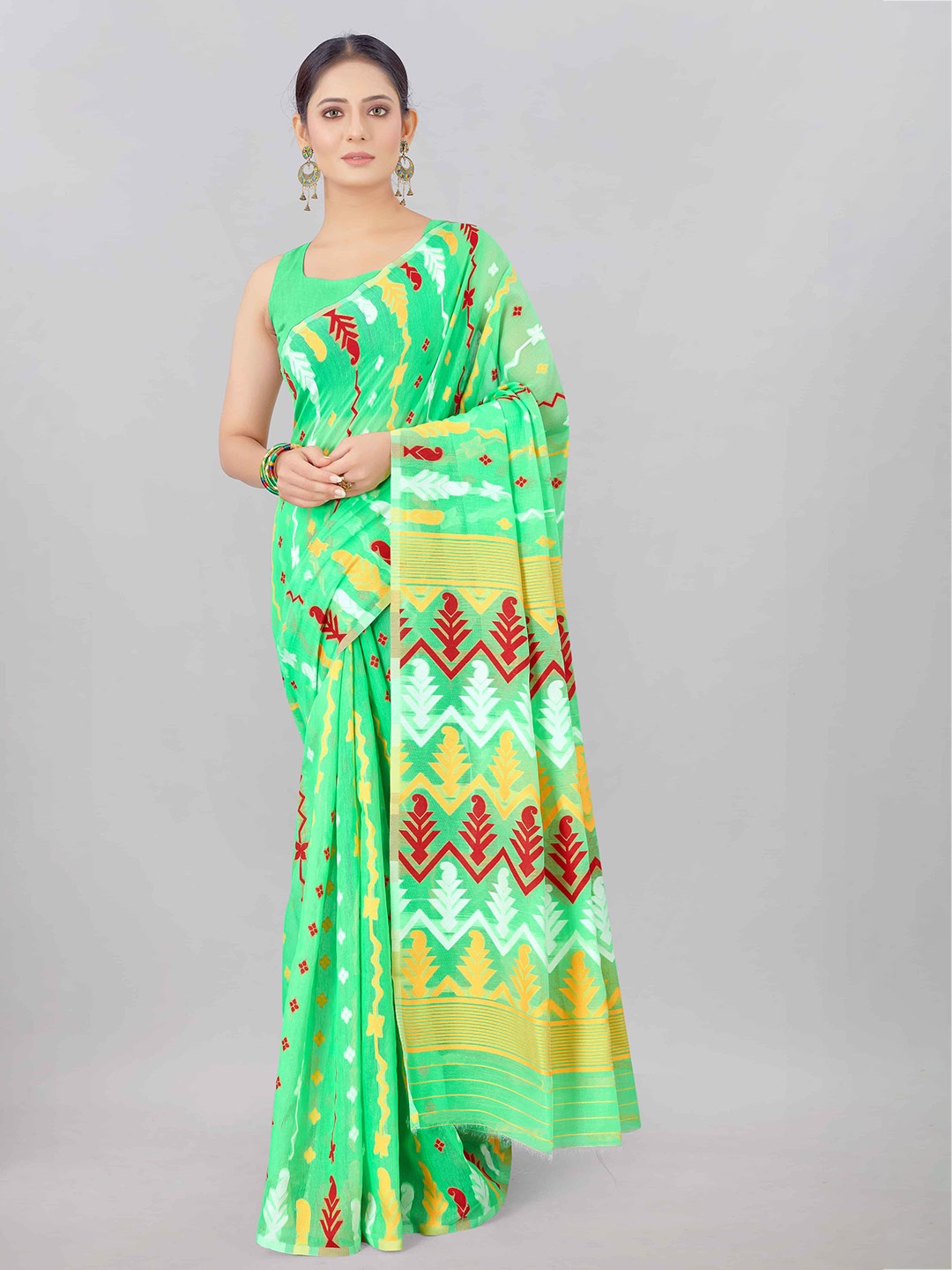 

Silk Land Green & Red Cotton Silk Jamdani Saree