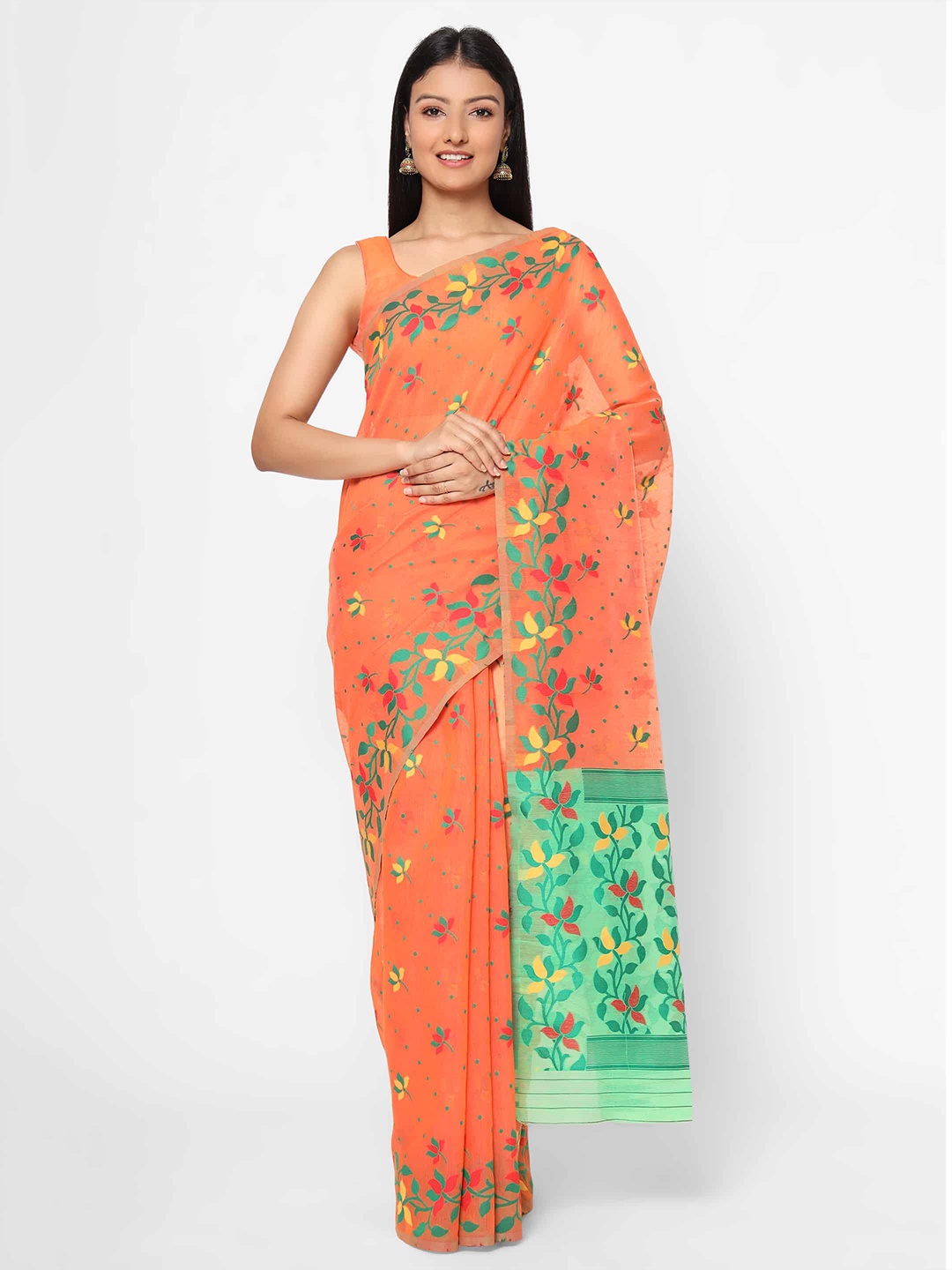 

Silk Land Green & Orange Woven Design Jamdani Saree