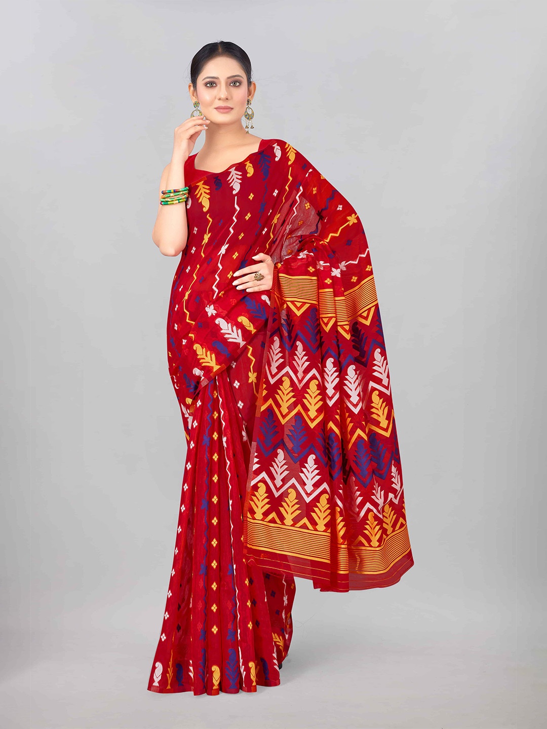 

Silk Land Red & Blue Ethnic Motifs Pure Cotton Jamdani Saree