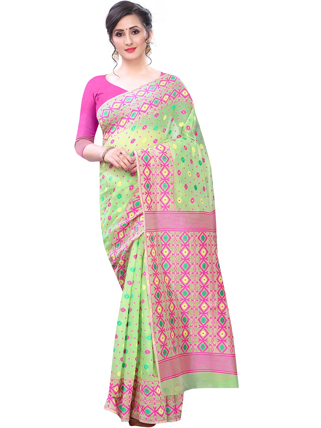 

Silk Land Green & Pink Ethnic Motifs Pure Cotton Jamdani Saree