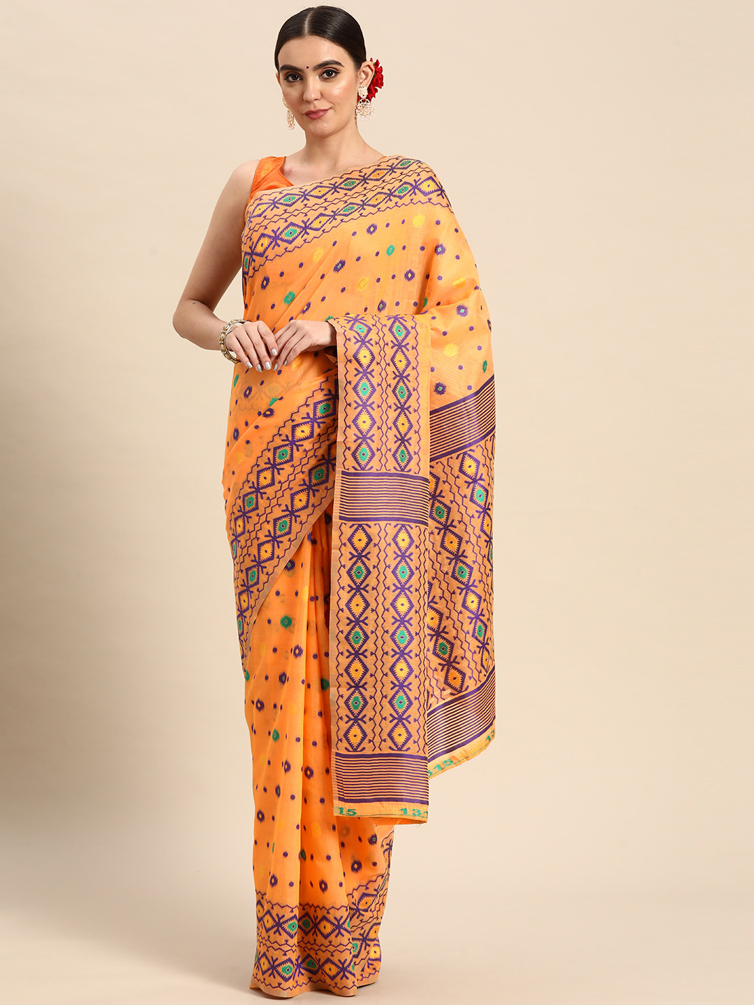 

Silk Land Yellow & Purple Ethnic Motifs Pure Cotton Jamdani Saree