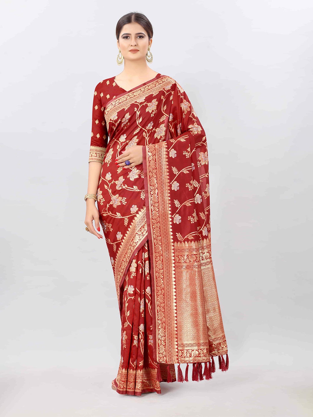 

Silk Land Red & Gold-Toned Floral Zari Pure Silk Kanjeevaram Saree