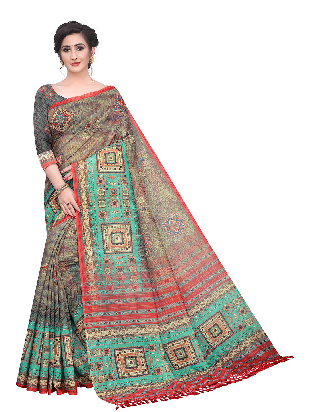 

Silk Land Green Maroon Kalamkari Saree With Tassels