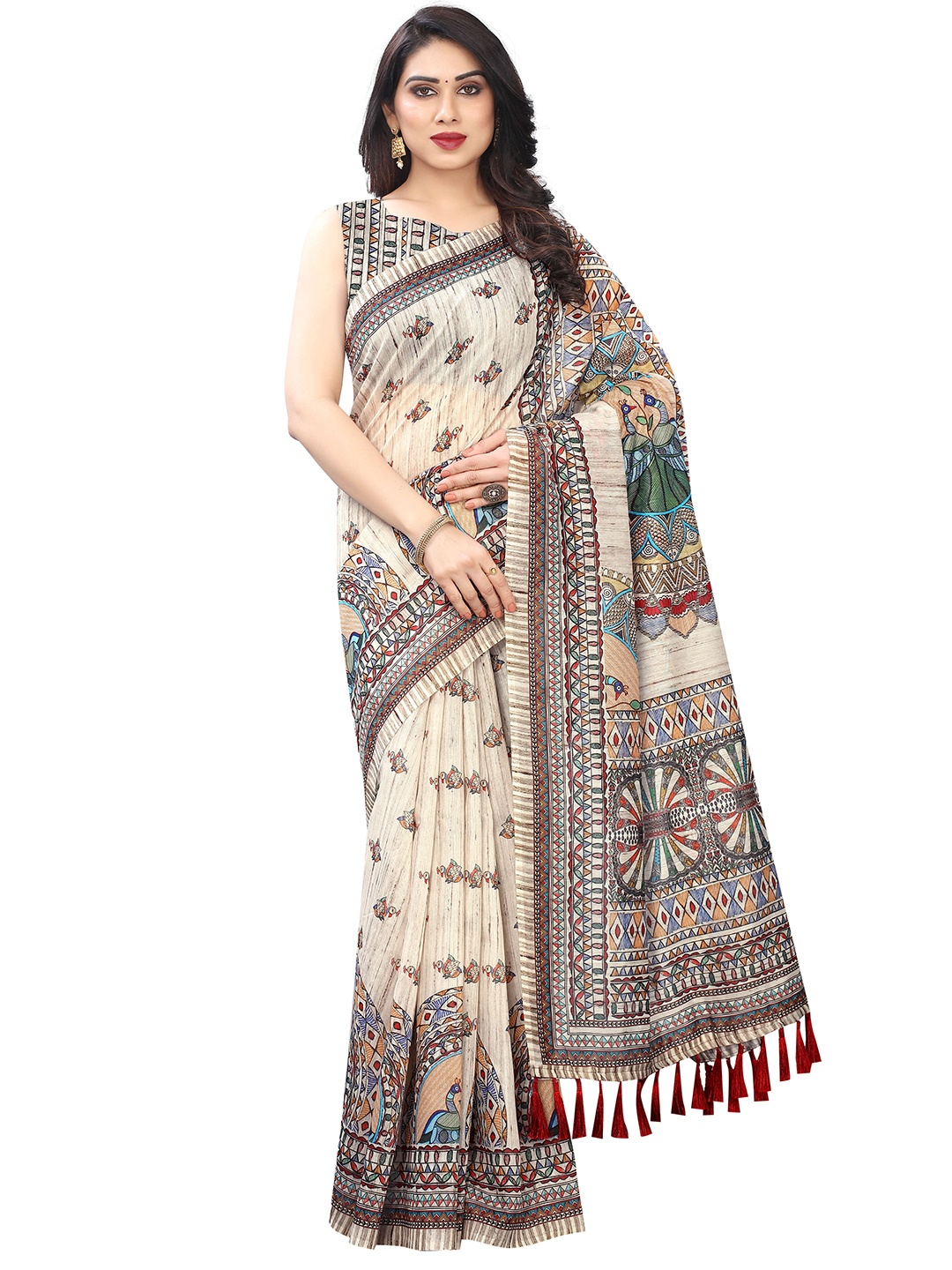 

Silk Land Kalamkari Cotton Blend Digital Print Saree With Tassels, Cream