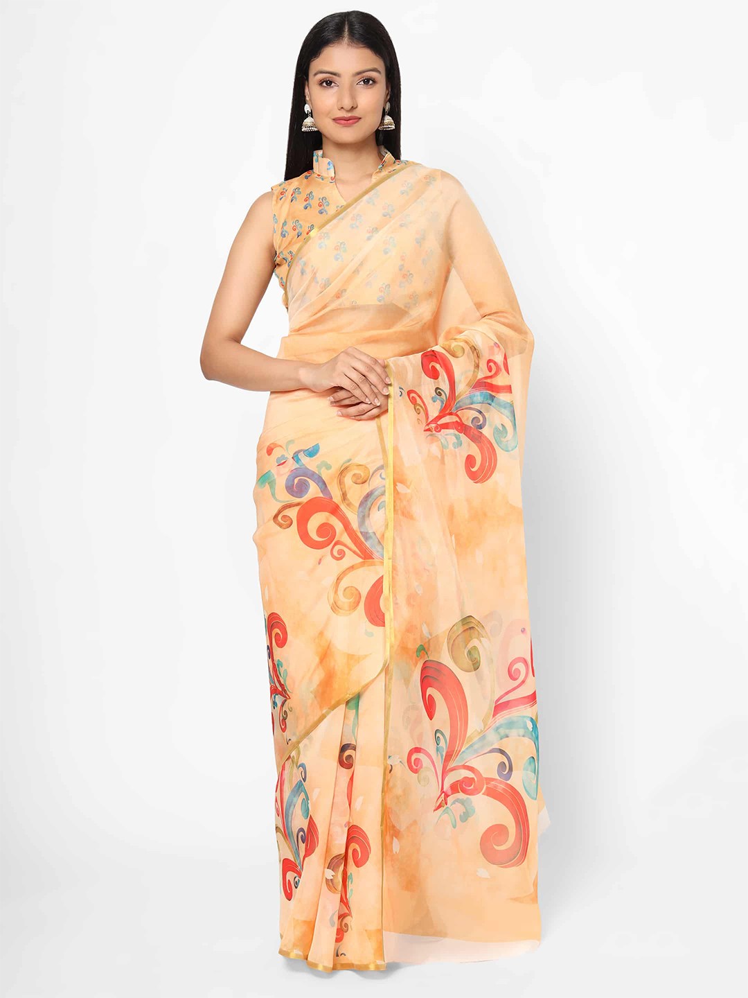 

Silk Land Yellow & Red Floral Printed Chanderi Saree